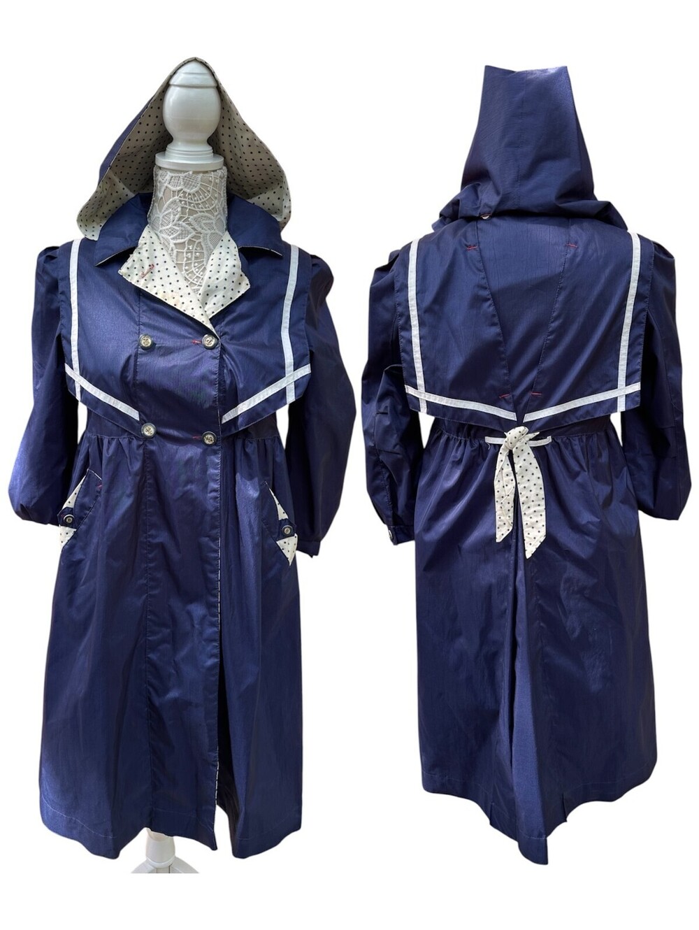 Rothschild Vintage Navy Blue Trench Coat with Polka Dot Lining
